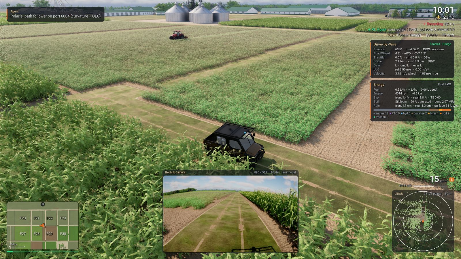 The worked example at 62 s. The view is on the Polaris on the grass lane. The Maxxum pulls the chisel plow on field F29. This test run used port 6004 for the vehicle bridge of the Polaris. The worked example with two vehicles at work