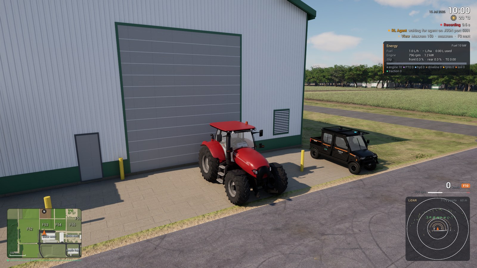 The Maxxum and the Polaris at the default start position. The line View of the HUD shows the vehicle that the player controls. This test run used port 6001 for the vehicle bridge of the Maxxum. The Maxxum and the Polaris in one session